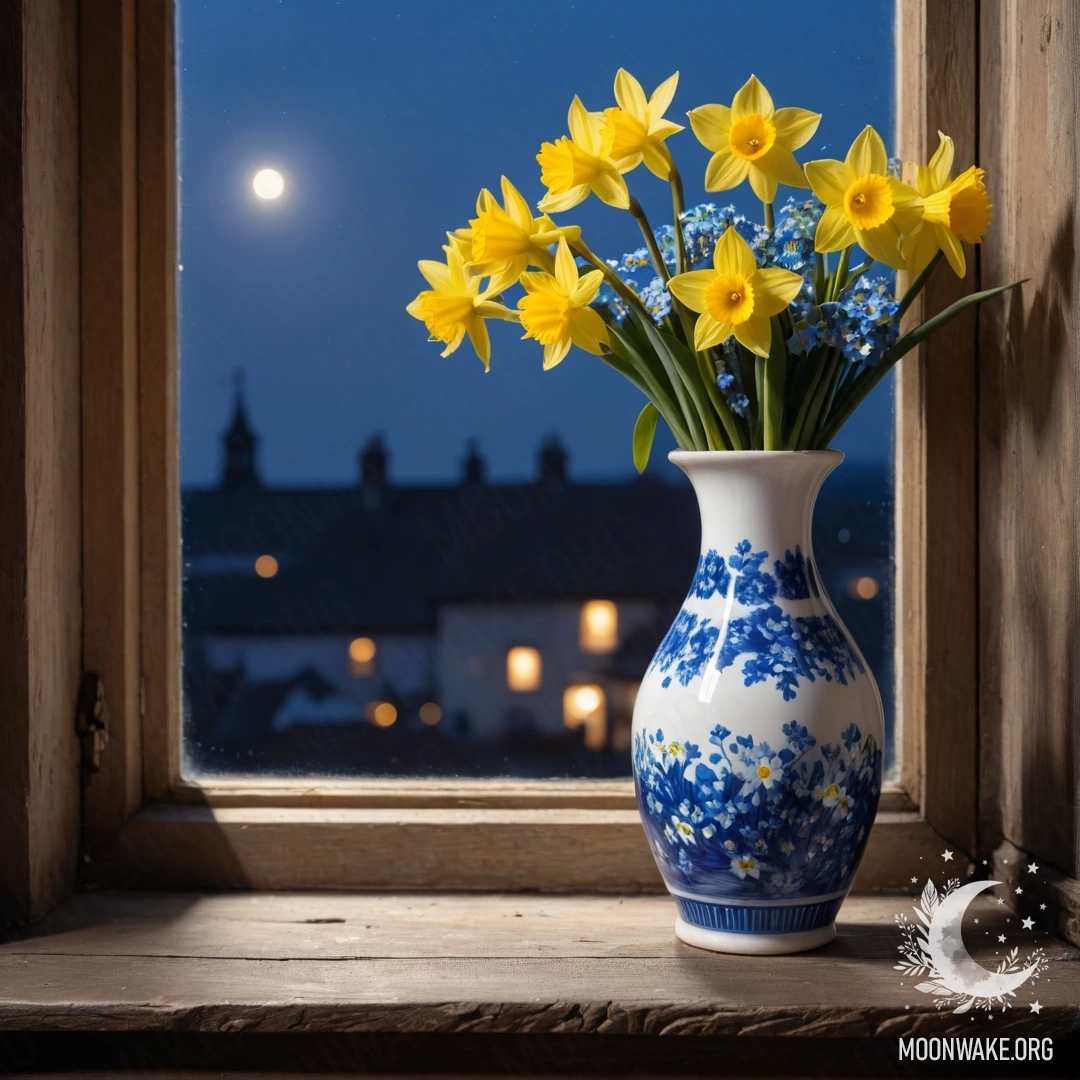 A shabby wooden window sill at night adorned with a white vase holding daffodils and forget-me-nots.