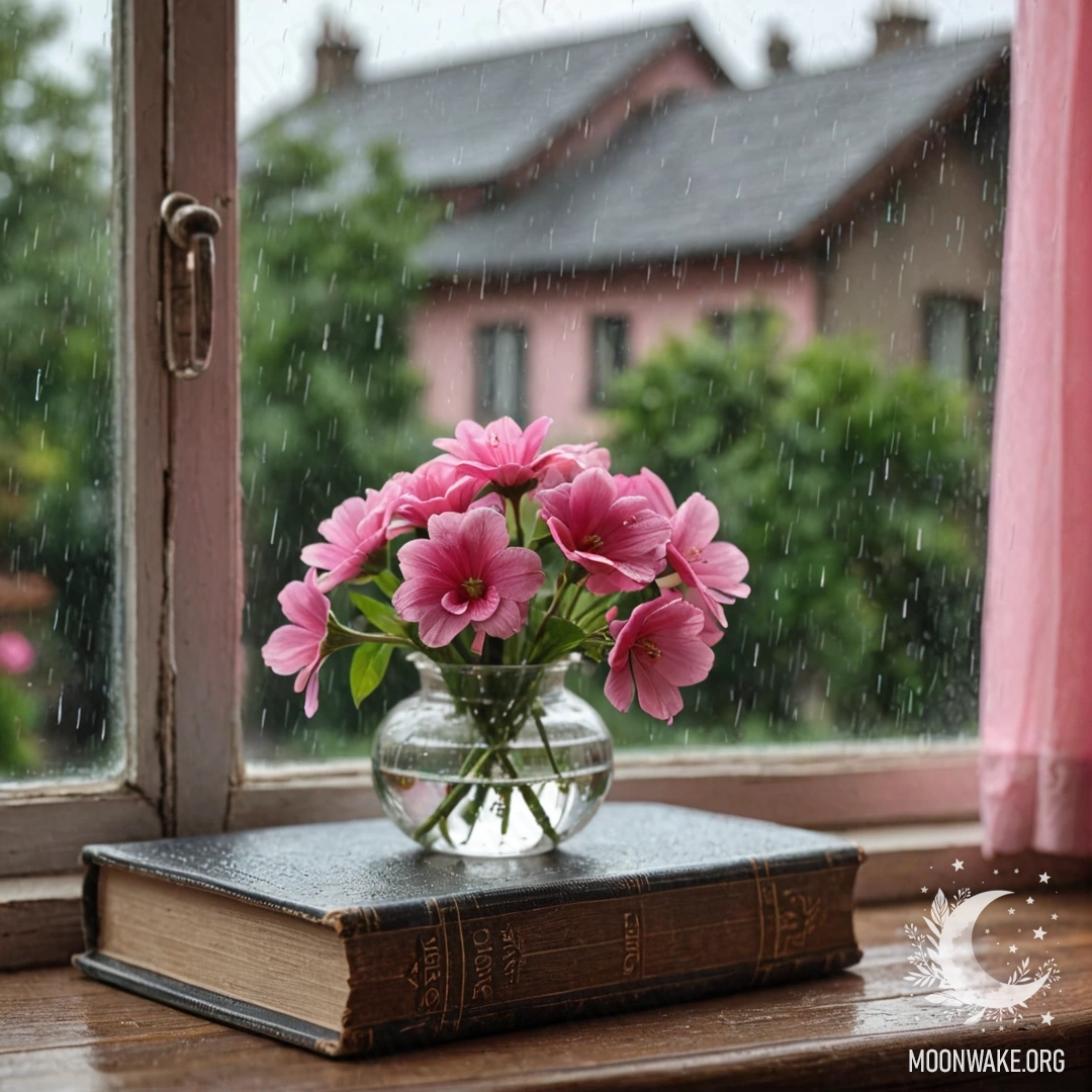 A wooden window sill featuring an old shabby book and a gray vase with pink flowers under a pink curtain in the rain.