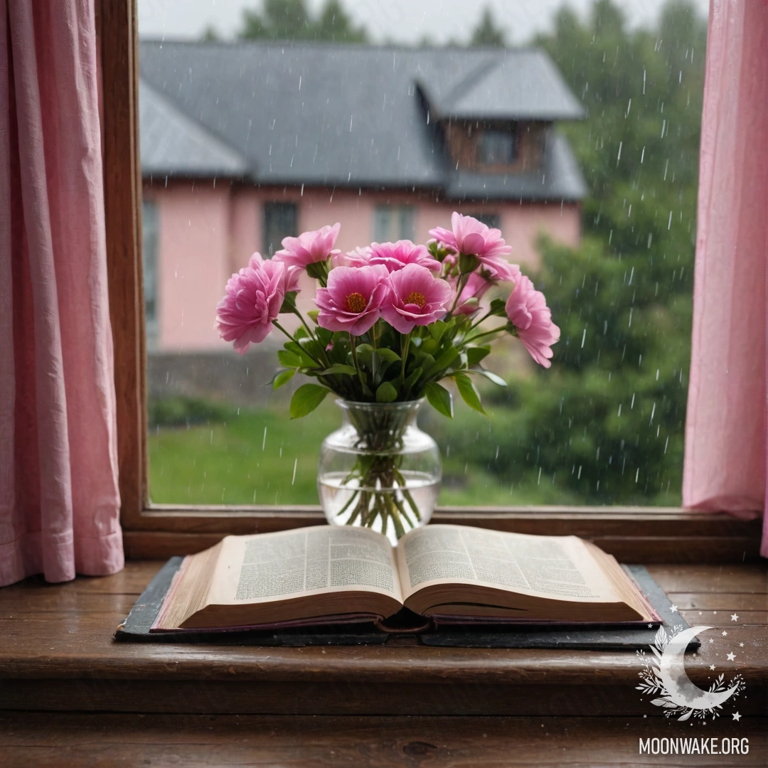 Charming Wooden Window Sill with Flowers A weathered wooden window sill with an old book, a gray vase holding pink flowers, and a pink curtain raining in the background.