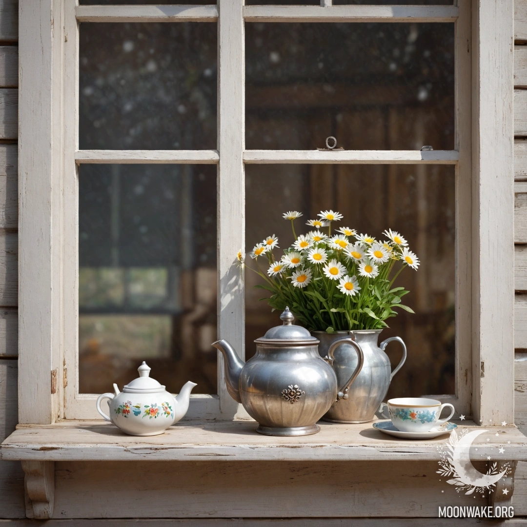 A rustic wooden window sill with a metal teapot adorned with patterns and filled with daisies, illuminated by soft garland lights.