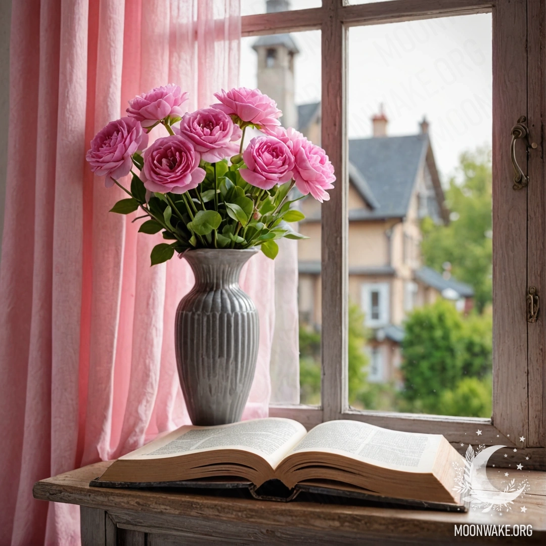 A wooden window sill with an old shabby book, a gray vase with pink flowers, and a pink curtain illuminated by garland lights.