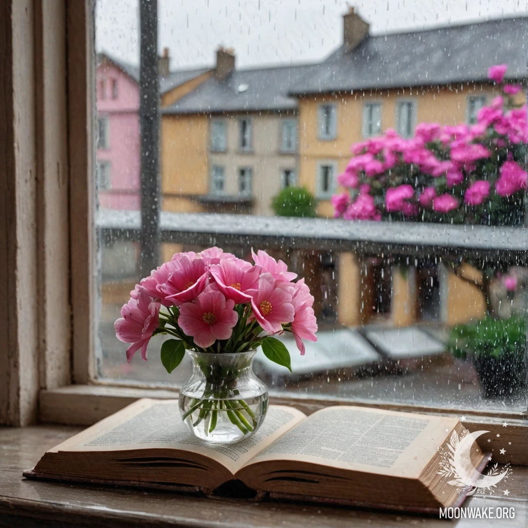 A wooden window sill with an old book, gray vase with pink flowers, and a pink curtain in the rain.