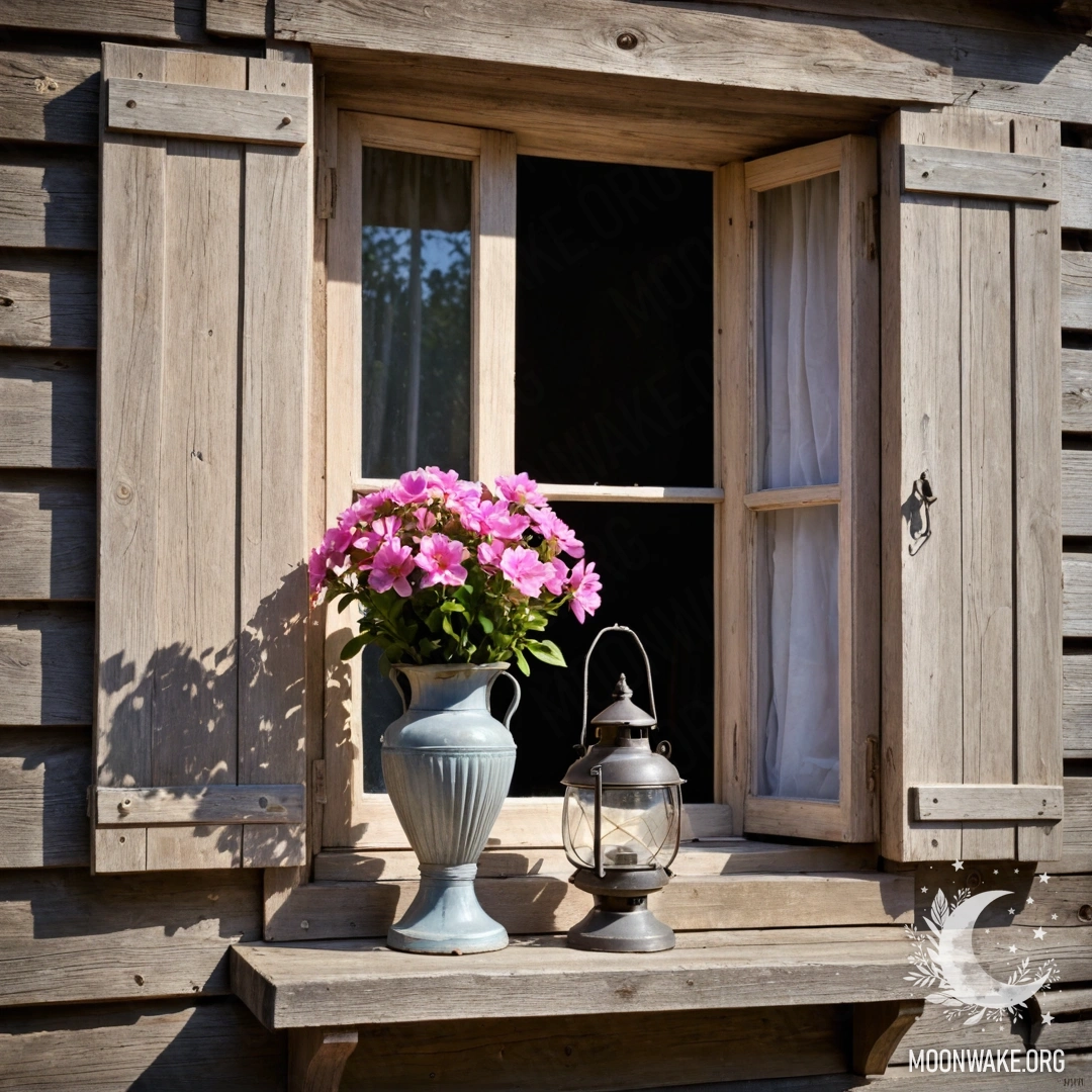 Charming Wooden Window with Blossoms A shabby wooden window adorned with pink flowers and a kerosene lamp.