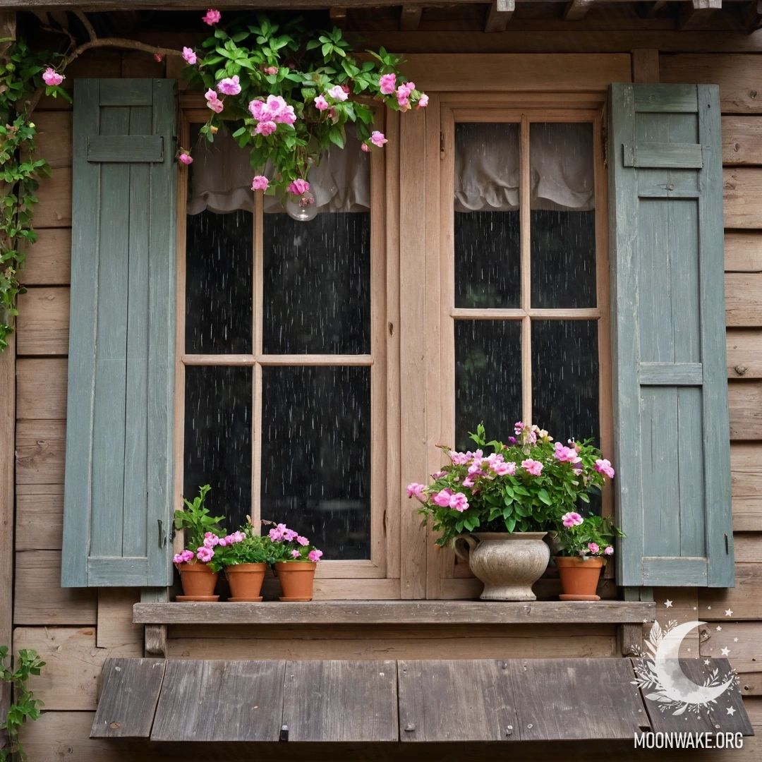 A shabby wooden window adorned with pink flowers under the rain, featuring a kerosene lamp above.