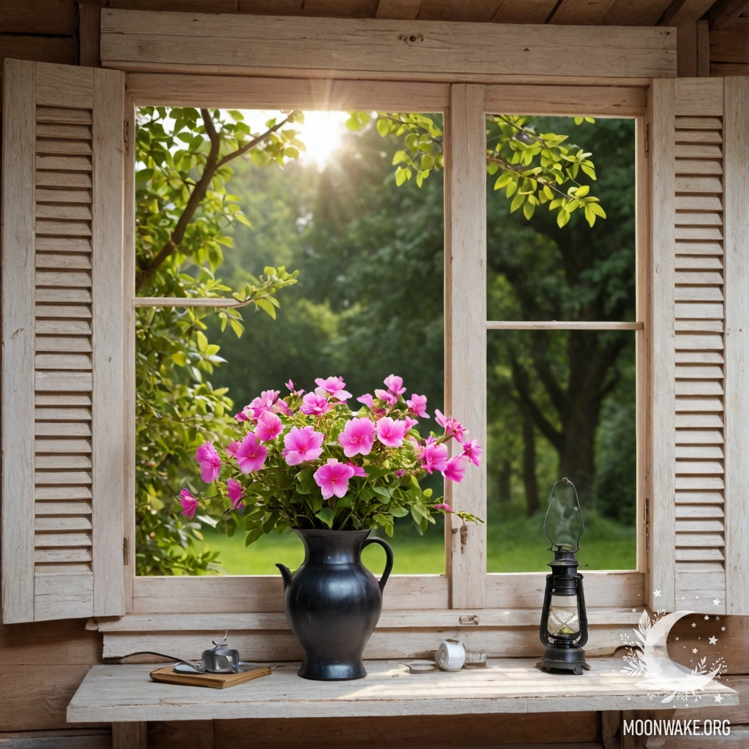 A weathered wooden window adorned with shutters and pink flowers, accompanied by a hanging kerosene lamp bathed in sunlight.