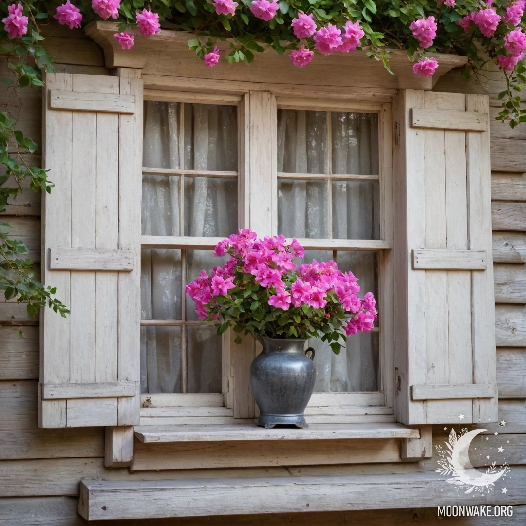 Charming Wooden Window with Blossoms A charming wooden window adorned with pink flowers and a kerosene lamp above.