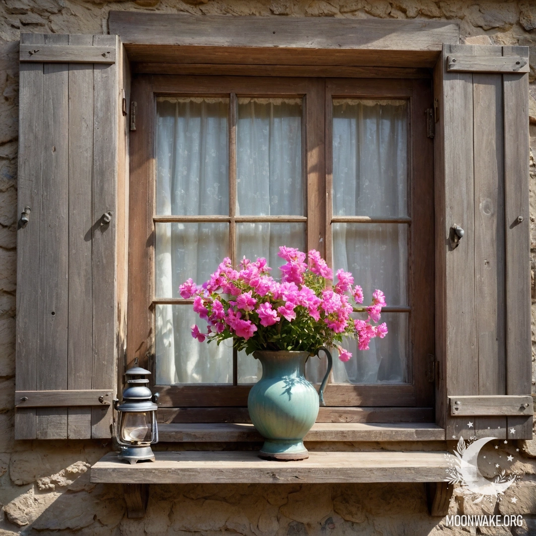 A shabby wooden window adorned with pink flowers and a kerosene lamp above it, glowing in soft sunlight.
