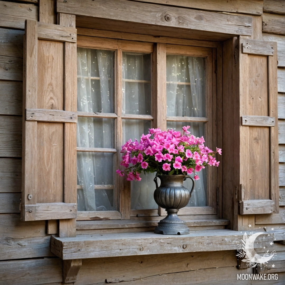 Charming Wooden Window with Flowered Branch A shabby wooden window adorned with pink flowers and a kerosene lamp.