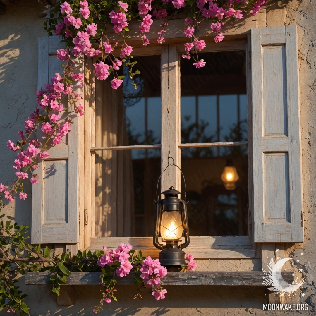A shabby wooden window with pink flowers and a kerosene lamp hanging above it, illuminated by sunset.