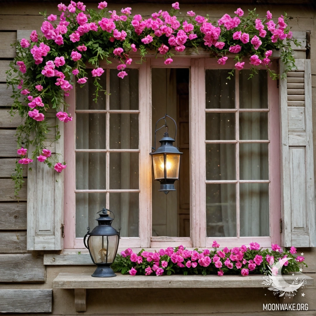 A shabby wooden window with pink flower branches and a kerosene lamp above, illuminated by a garland light.