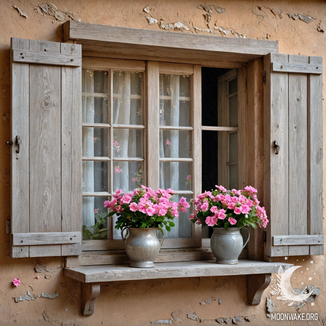 Charming Wooden Window with Flowers A rustic wooden window with shutters, adorned with pink flowers and a kerosene lamp overhead.