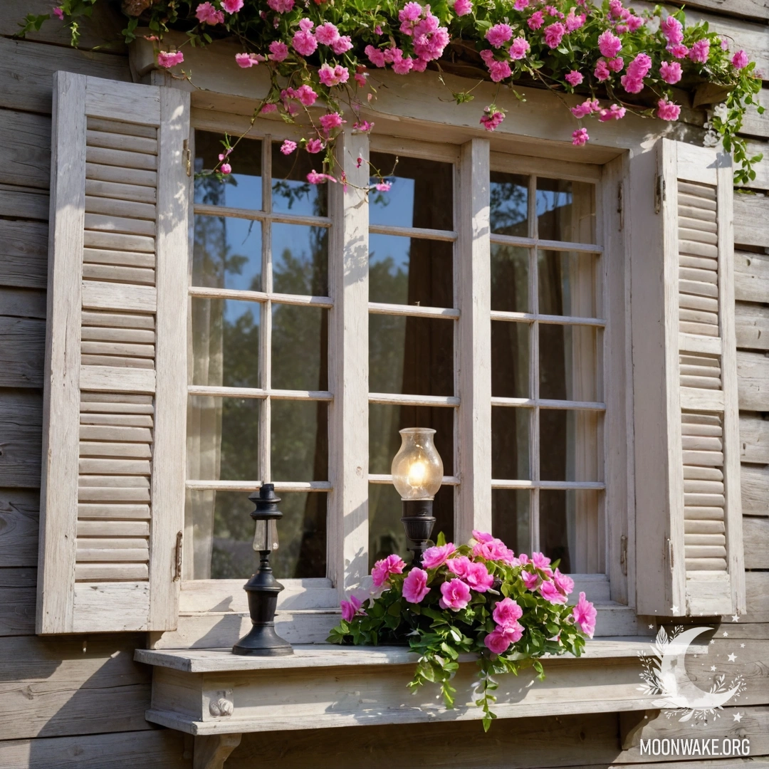 Charming Wooden Window with Flowers and Lantern A rustic wooden window with shutters, adorned with pink flowers and a kerosene lamp above, illuminated by a garland of lights.