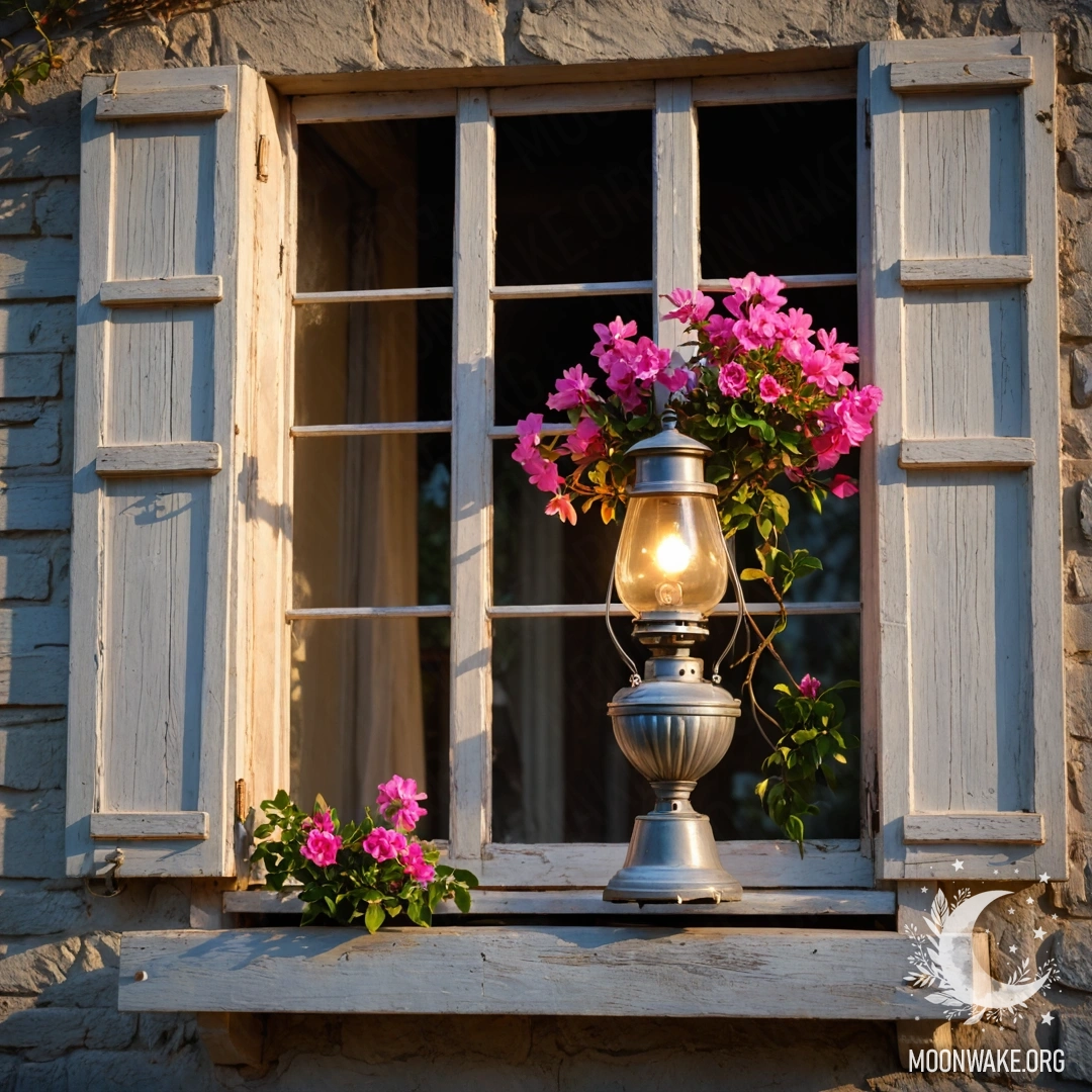 A shabby wooden window with shutters and pink flowers around it, illuminated by a hanging kerosene lamp during sunset.