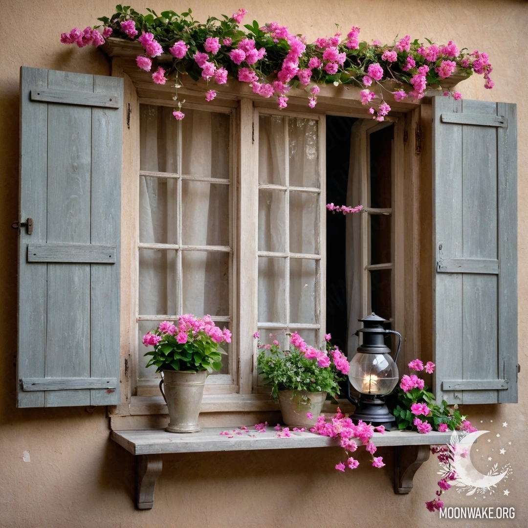 A wooden window with shutters, adorned with pink flowers and a lamp.