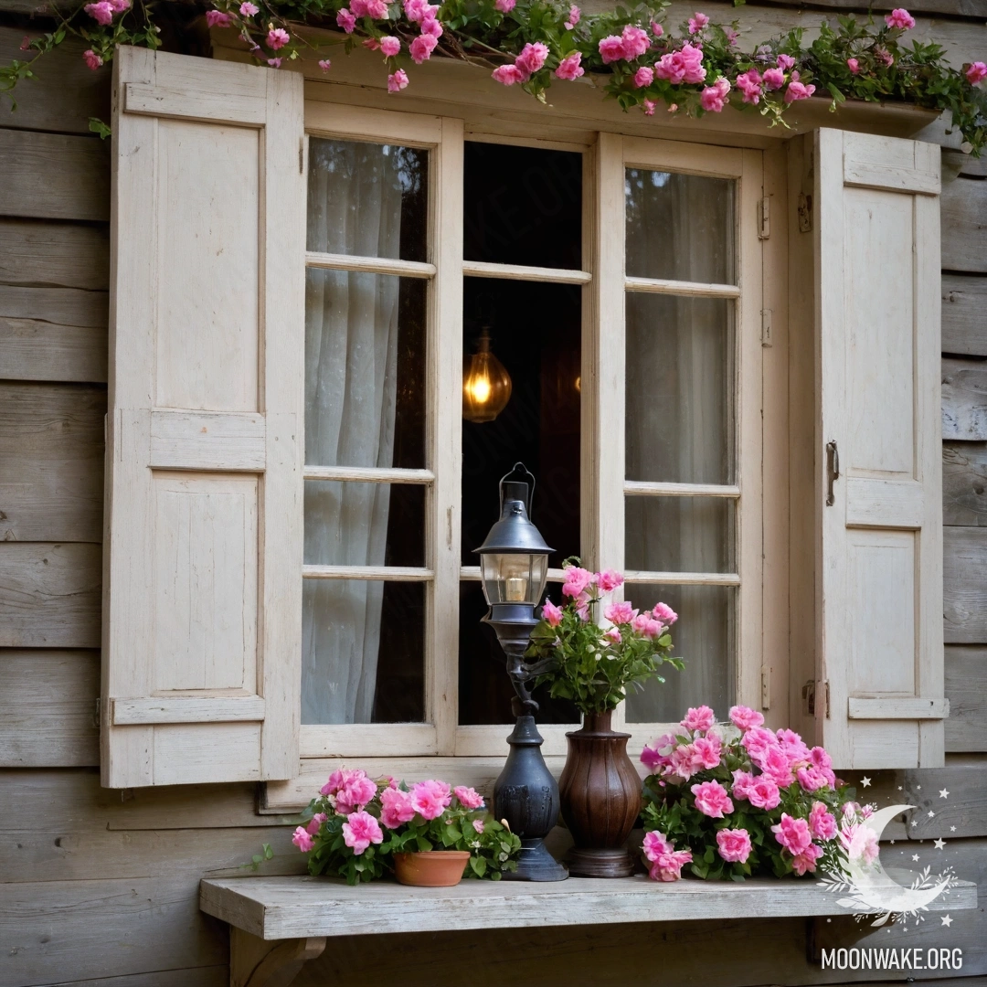Charming Wooden Window with Pink Blooms A rustic wooden window with shutters and a kerosene lamp above, surrounded by pink flowers and light garland.