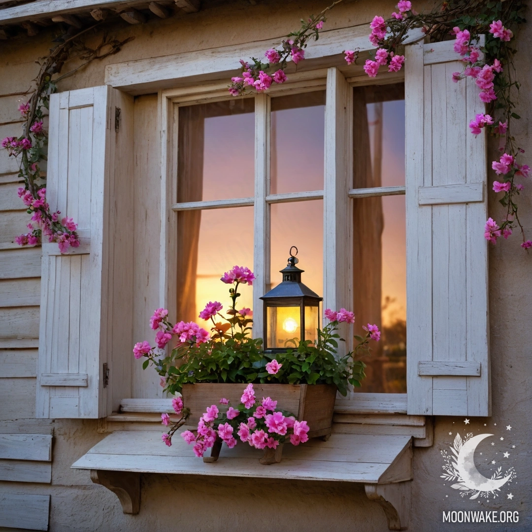 A rustic wooden window adorned with shutters and pink flowers, a kerosene lamp hanging above it.