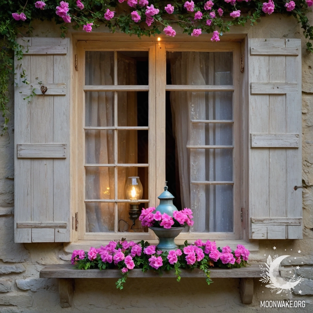 A shabby wooden window with shutters, a kerosene lamp above, and pink flowers around.