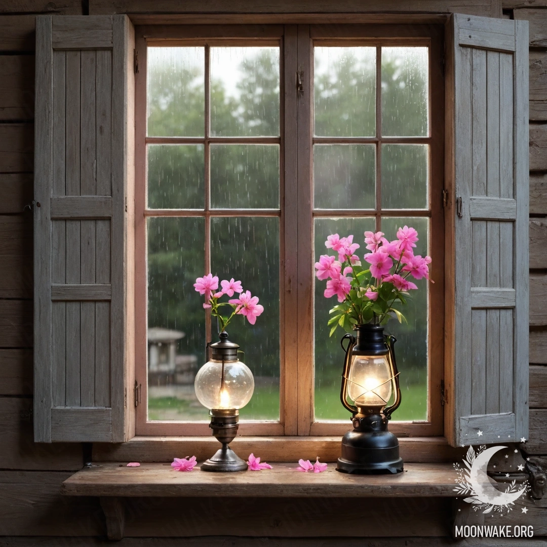 Charming Wooden Window with Pink Blossoms A shabby wooden window adorned with a kerosene lamp and pink flowers under the rain.
