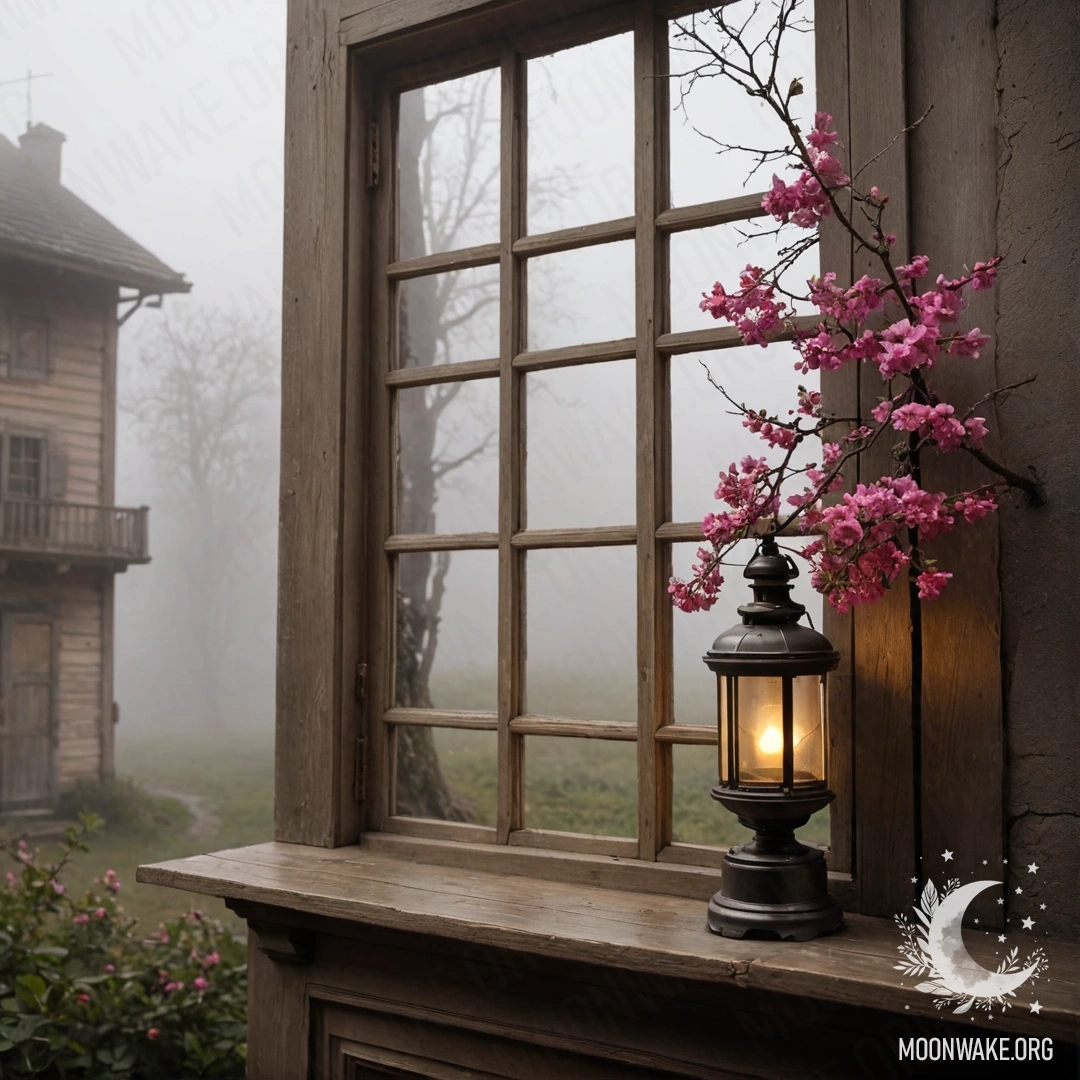 A shabby wooden window with shutters, adorned with pink flowers and a kerosene lamp hanging above, shrouded in heavy fog.