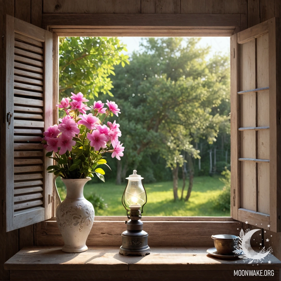 A rustic wooden window with pink flowers curling around it and a kerosene lamp hanging above, gently lit by sun rays.