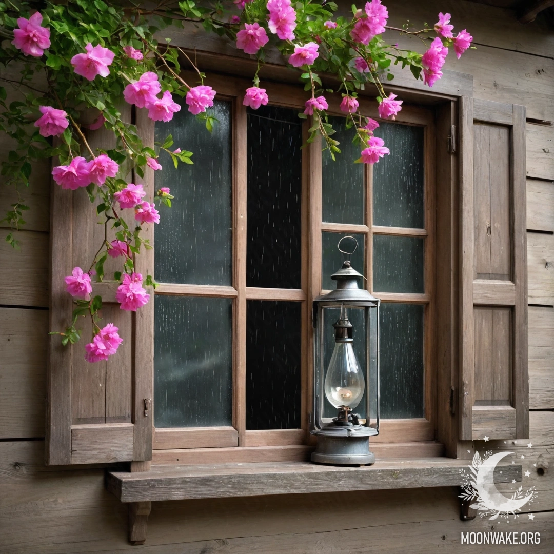 Charming Wooden Window with Rain and Flowers A shabby wooden window with shutters, a kerosene lamp above, and pink flowers curling around it in the rain.