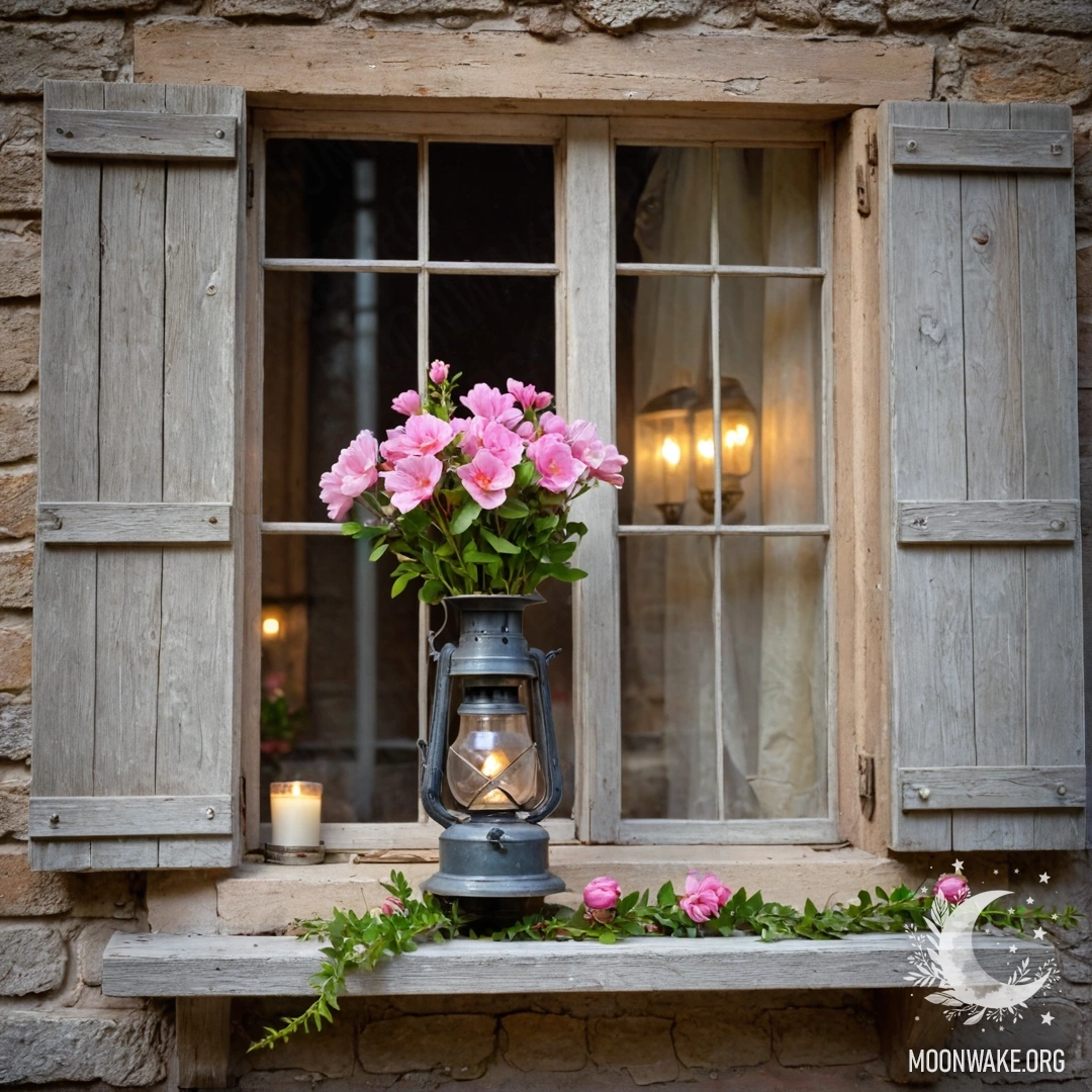 A shabby wooden window with shutters and a kerosene lamp above it, adorned with pink flowers and fairy lights.