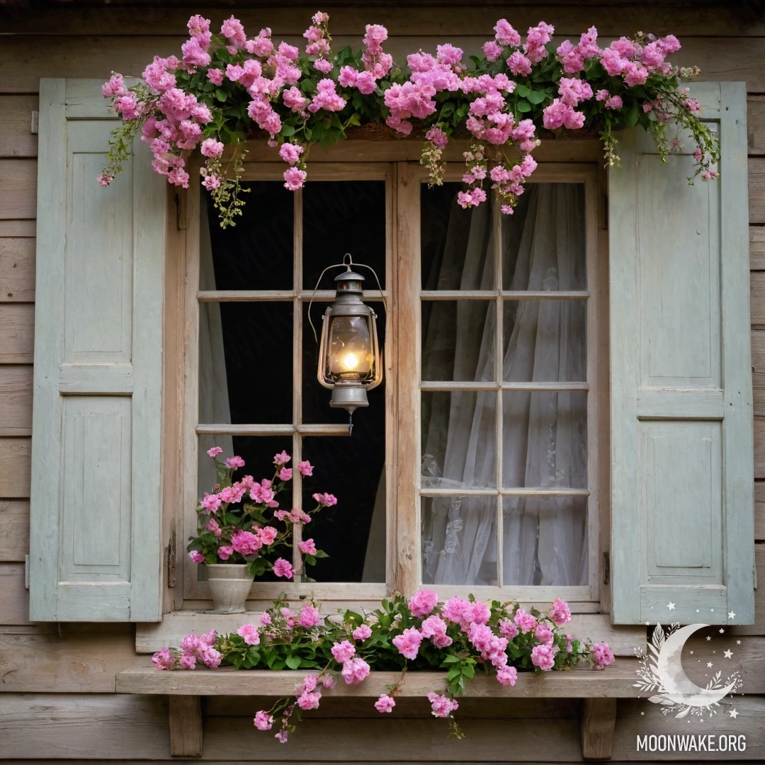 A shabby wooden window adorned with shutters and pink flowers.