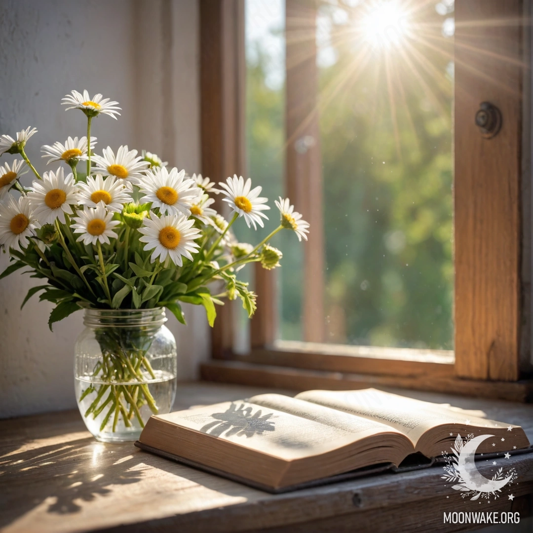 A shabby wooden windowsill with a jar of daisies and an open book bathed in sun rays.