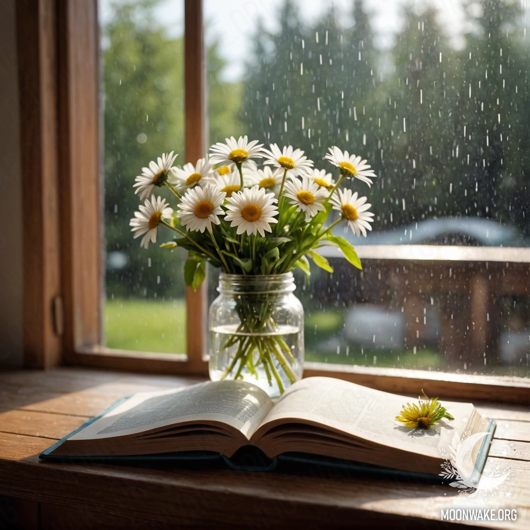 A shabby wooden windowsill with a jar of daisies and an open book under the rain.