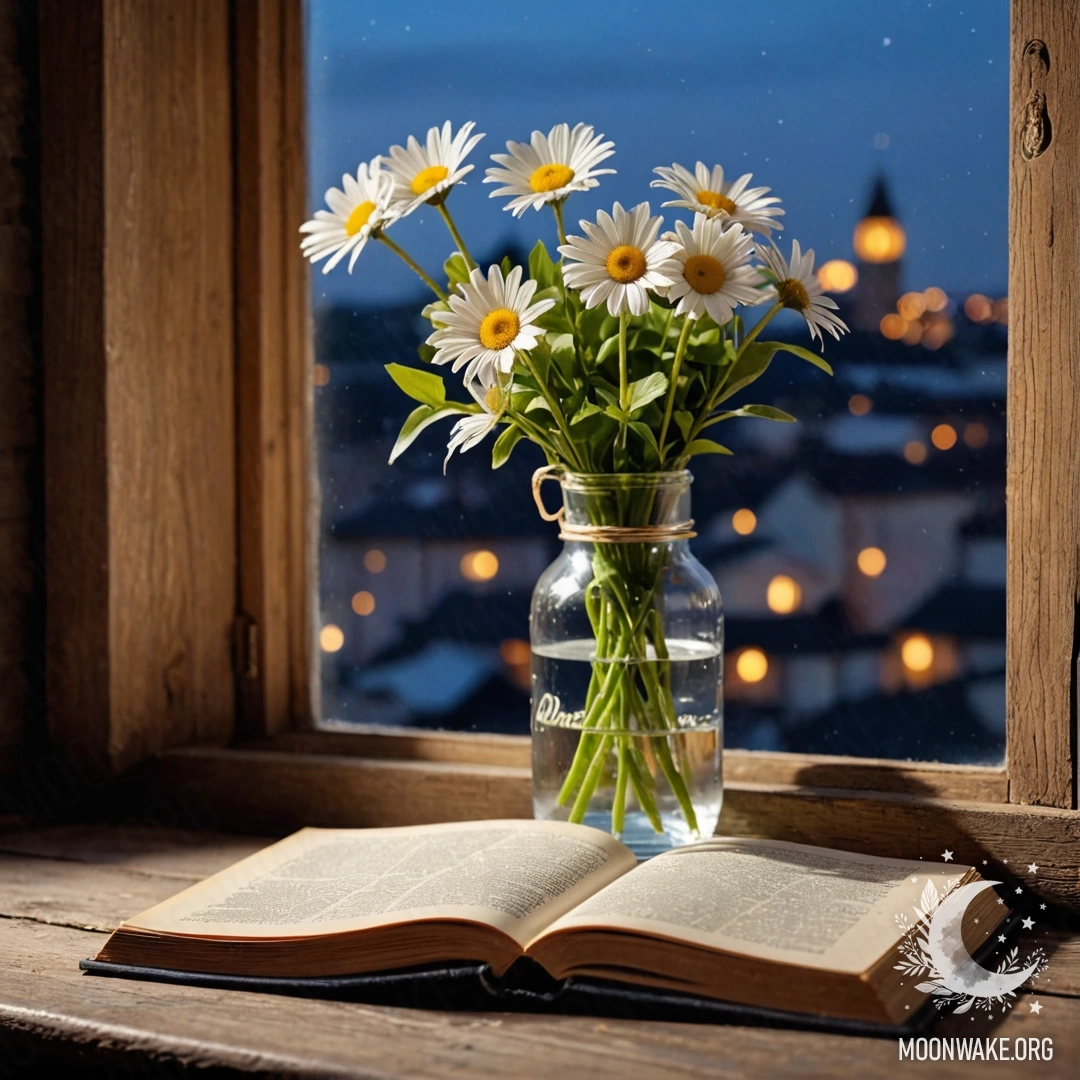 A shabby wooden windowsill featuring a jar of daisies and an open book under the night sky.