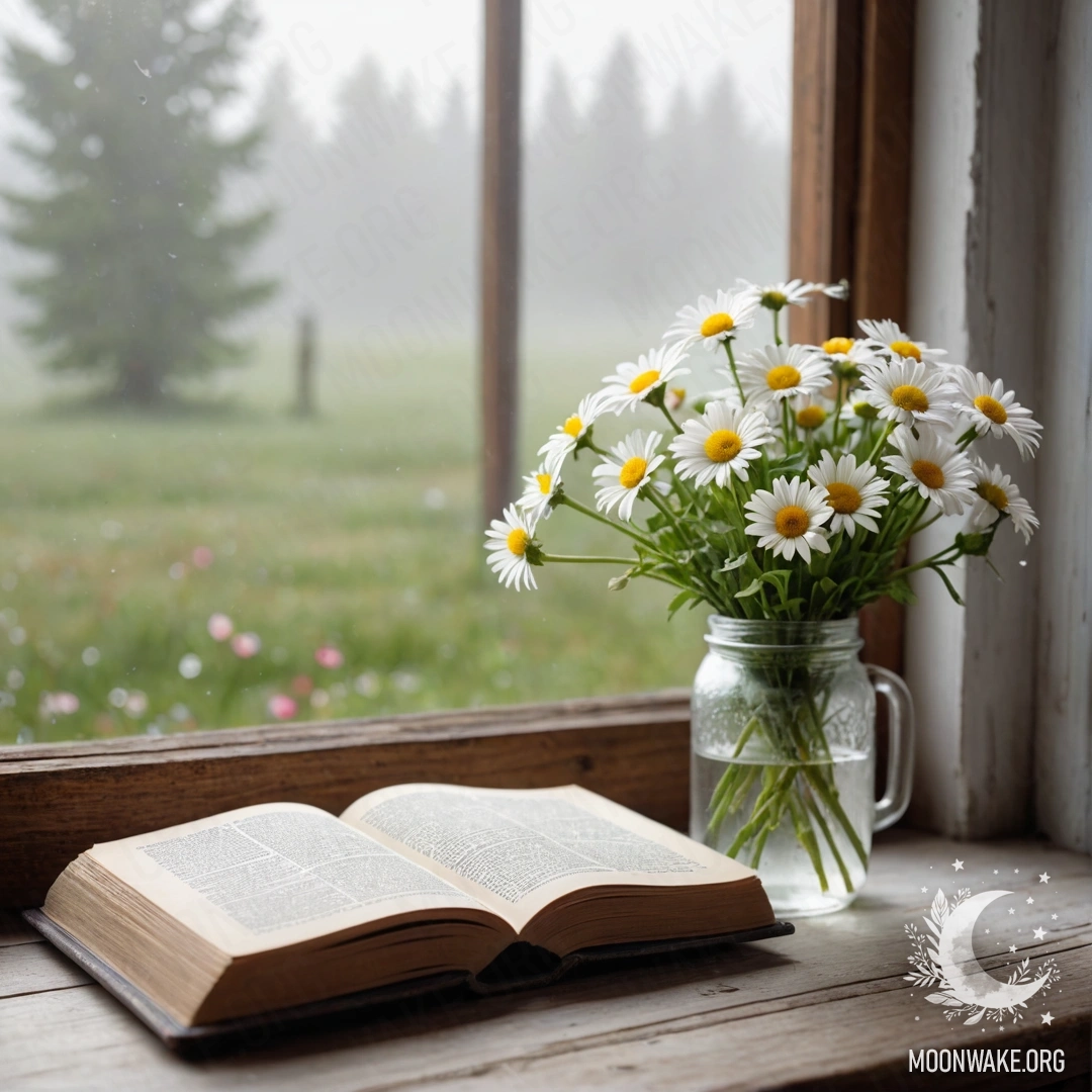 A shabby wooden windowsill adorned with a jar of daisies and an open book surrounded by dense fog.