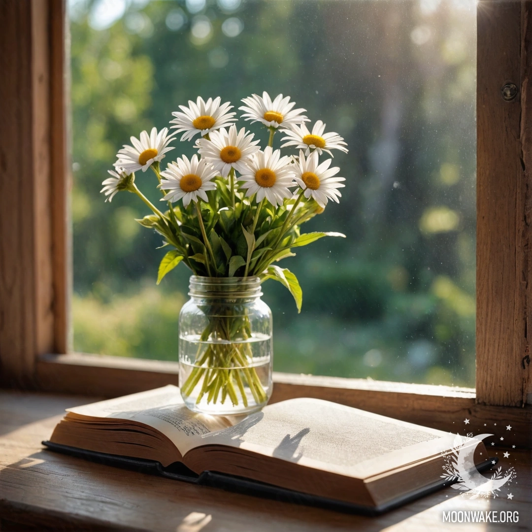 A rustic wooden windowsill adorned with a jar of daisies and an open book next to a lens.