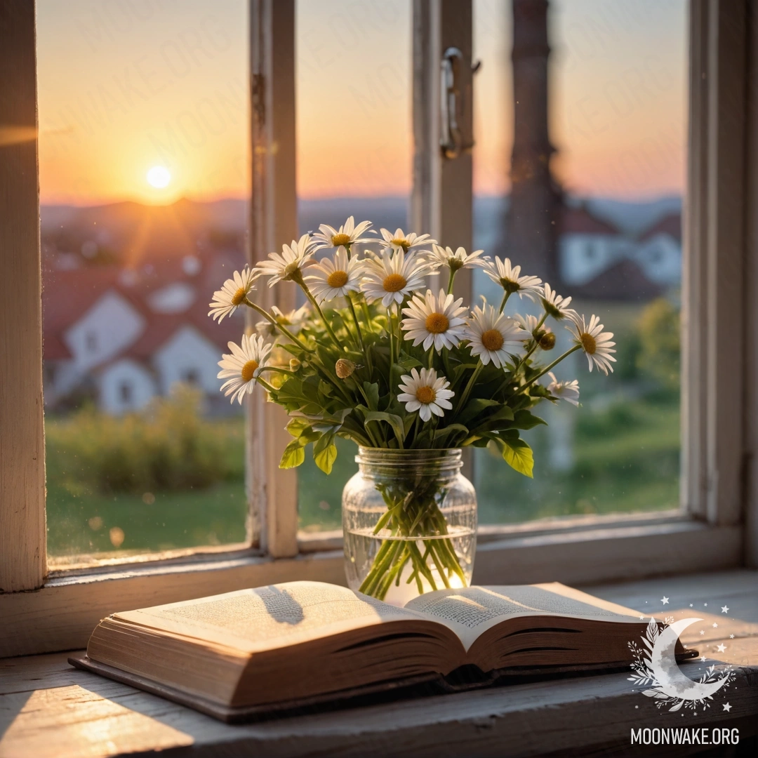 A shabby wooden windowsill with a jar of daisies and an open book at sunset.