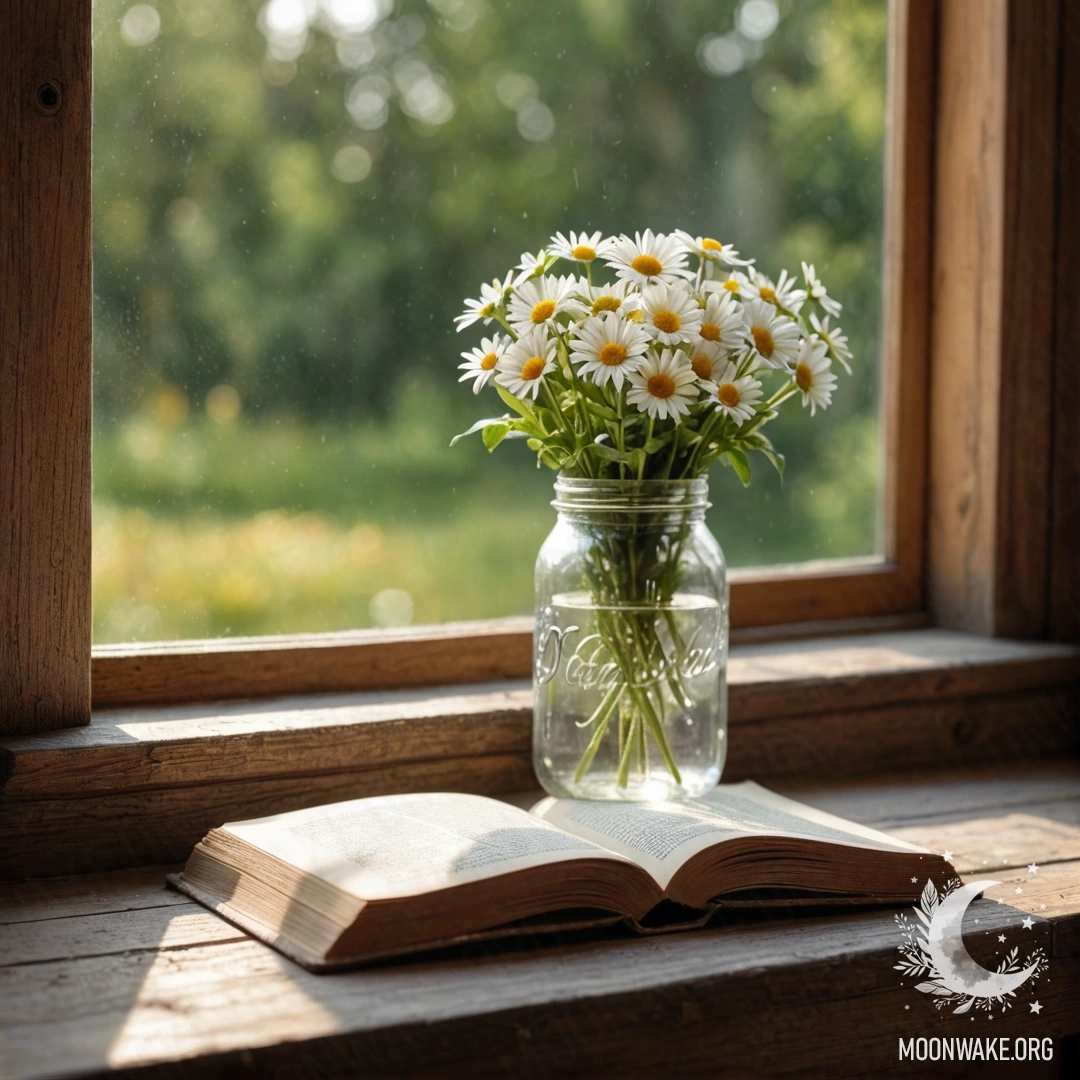 A shabby wooden windowsill with a jar of daisies and an open book beside it, adorned with garland lights.