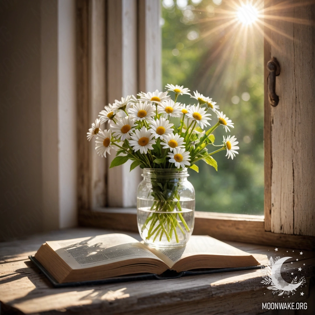 A shabby wooden windowsill with a jar of daisies and an open book bathed in sunlight.