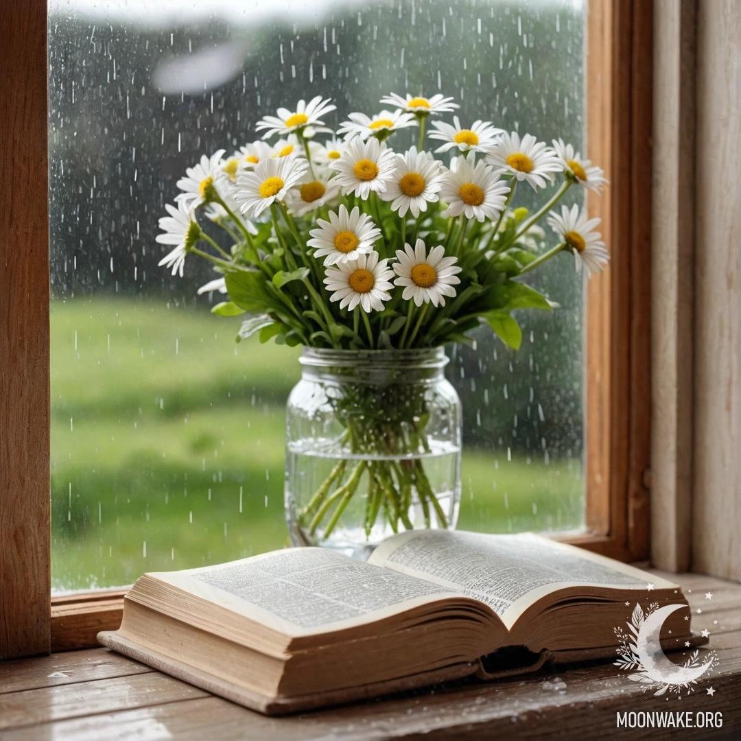 A photorealistic depiction of a shabby wooden windowsill with a jar of daisies and an open book lying under the rain.