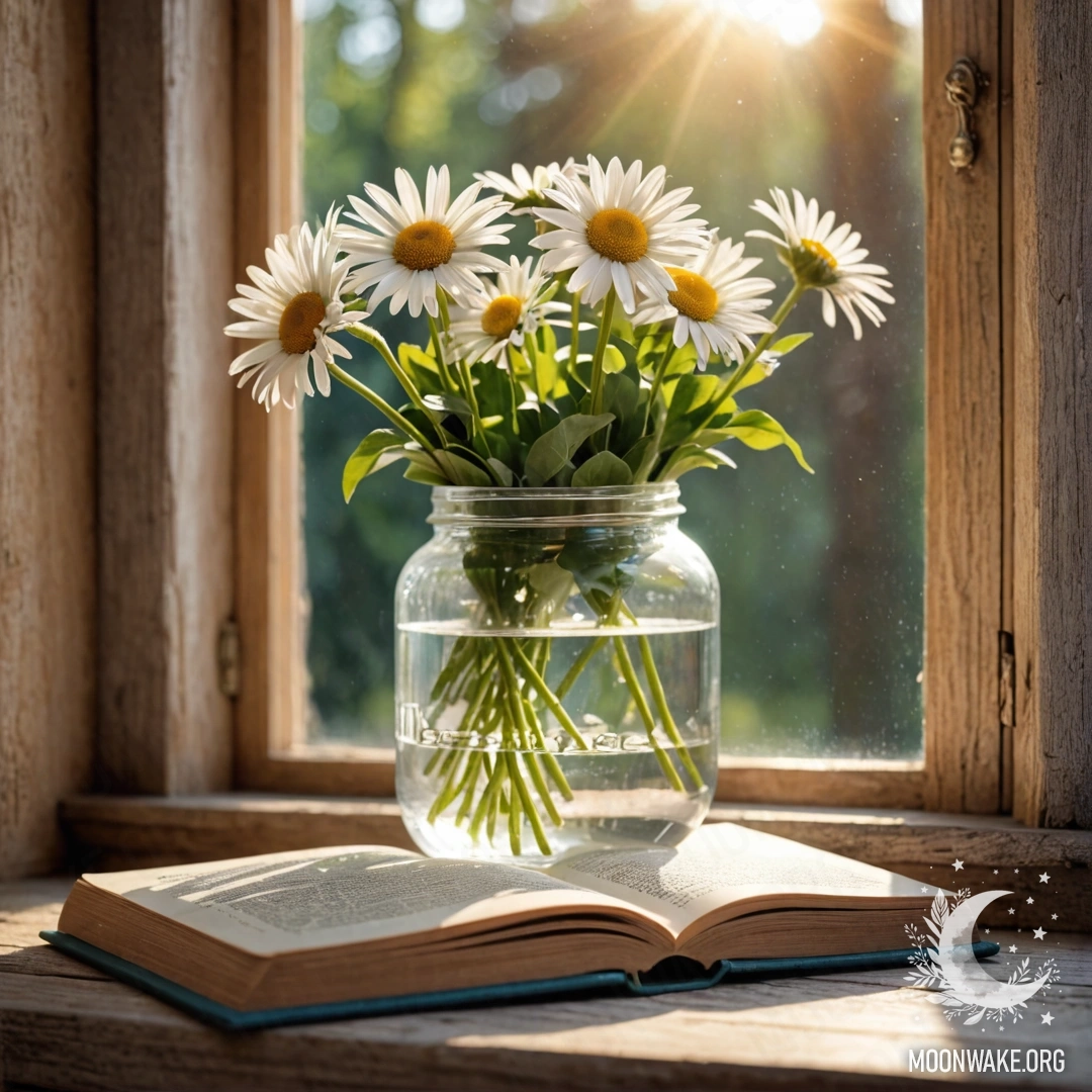 A shabby wooden windowsill with a jar of daisies and an open book bathed in sunlight.