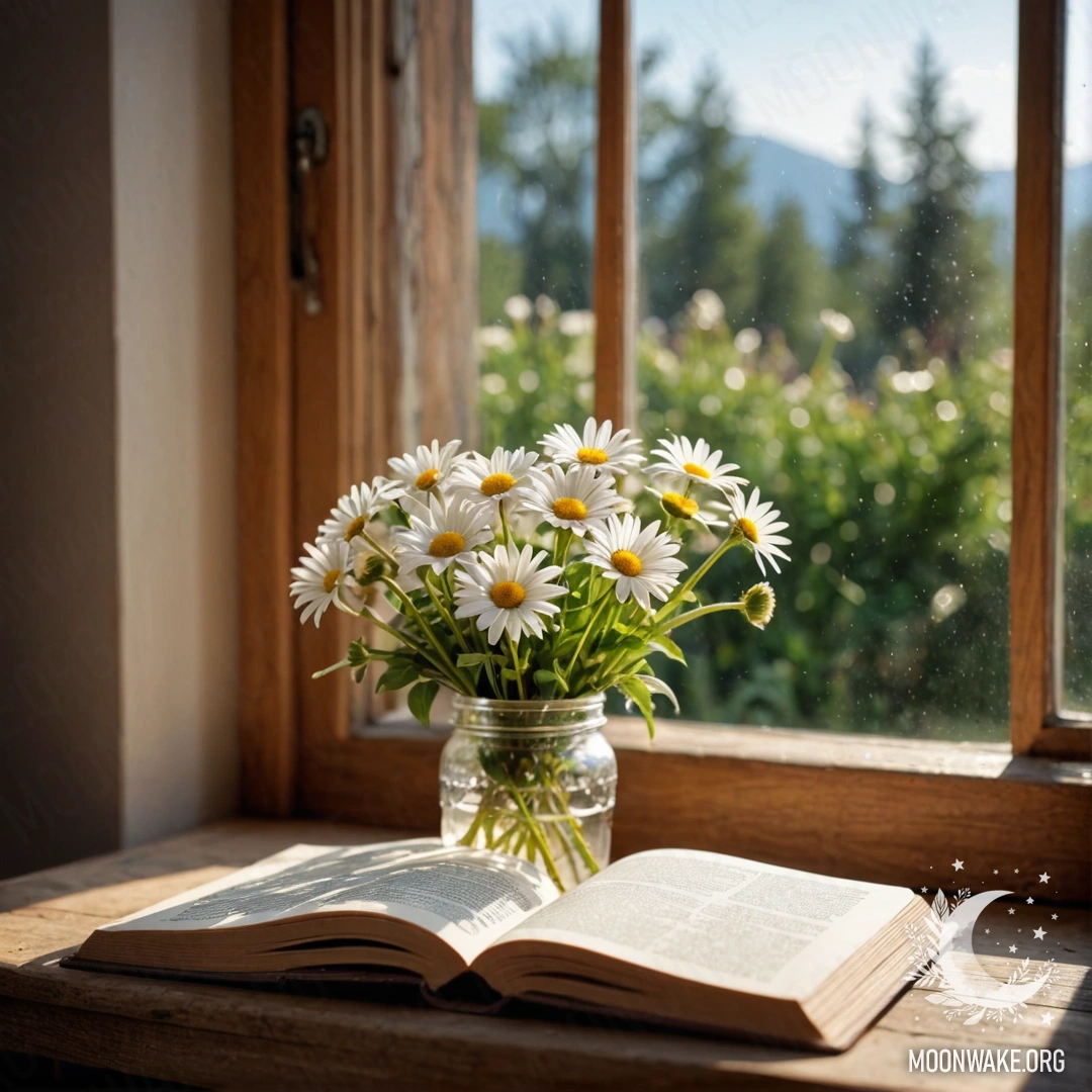 A shabby wooden windowsill with a jar of daisies and an open book with a lens.