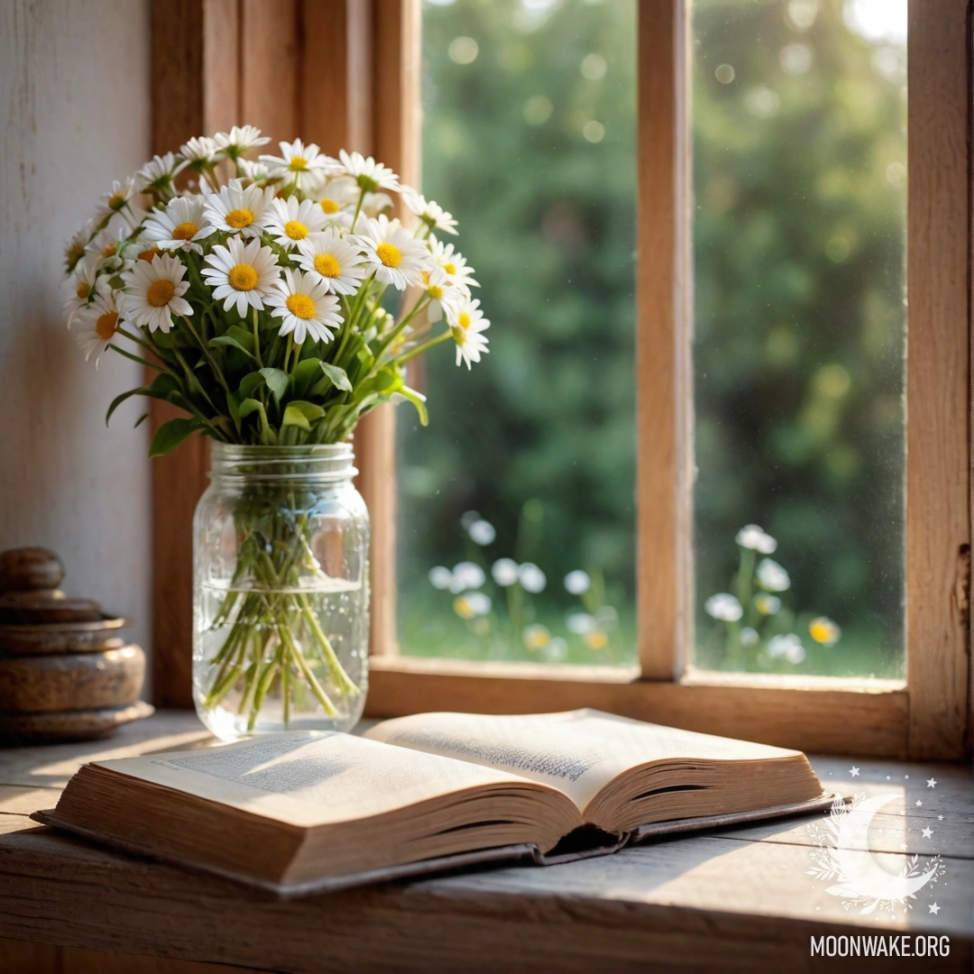 A shabby wooden windowsill adorned with a jar of daisies and an open book, illuminated by garland lights.