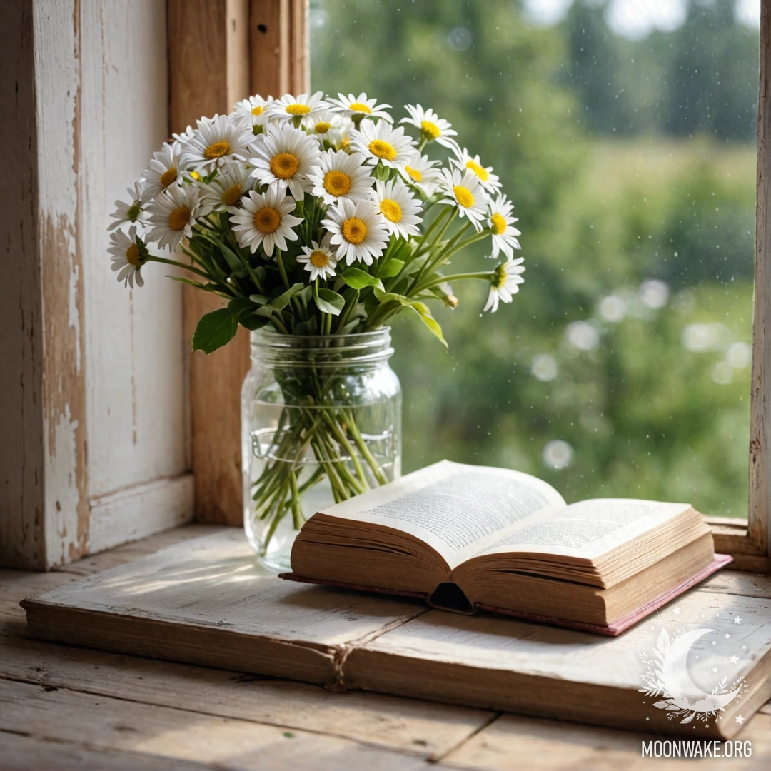 A shabby wooden windowsill adorned with a jar of daisies and an open book surrounded by a garland of lights.
