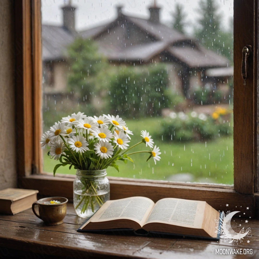 A shabby wooden windowsill with a jar of daisies and an open book drenched by rain.