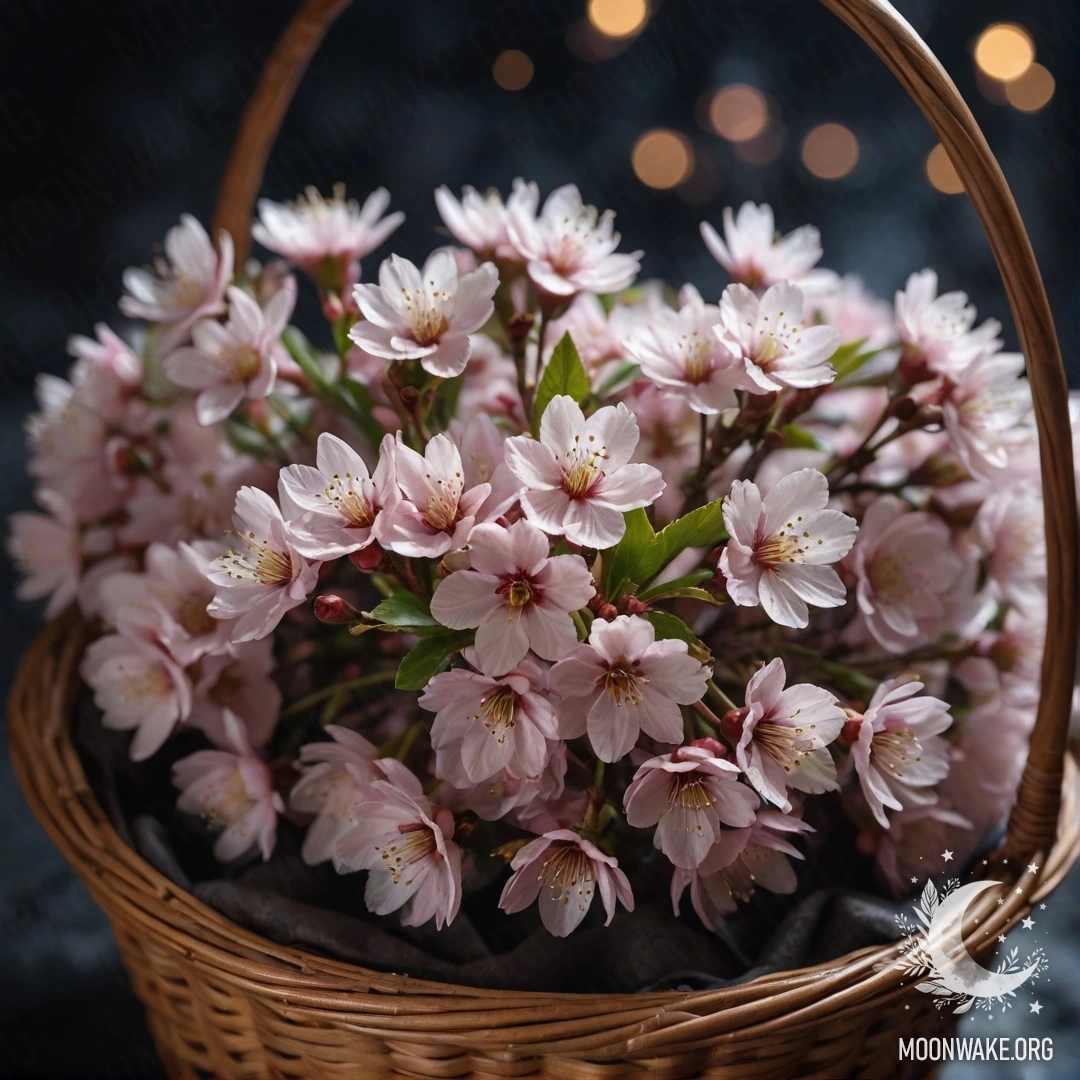 A beautiful cherry blossom arrangement in a misty night setting.