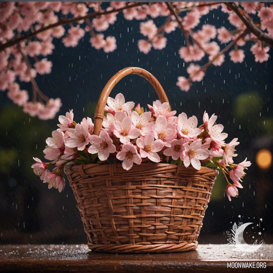 Cherry Blossom in Rainy Night A vintage postcard showcasing beautiful cherry blossoms in a pink basket, illuminated by soft rain during nighttime.