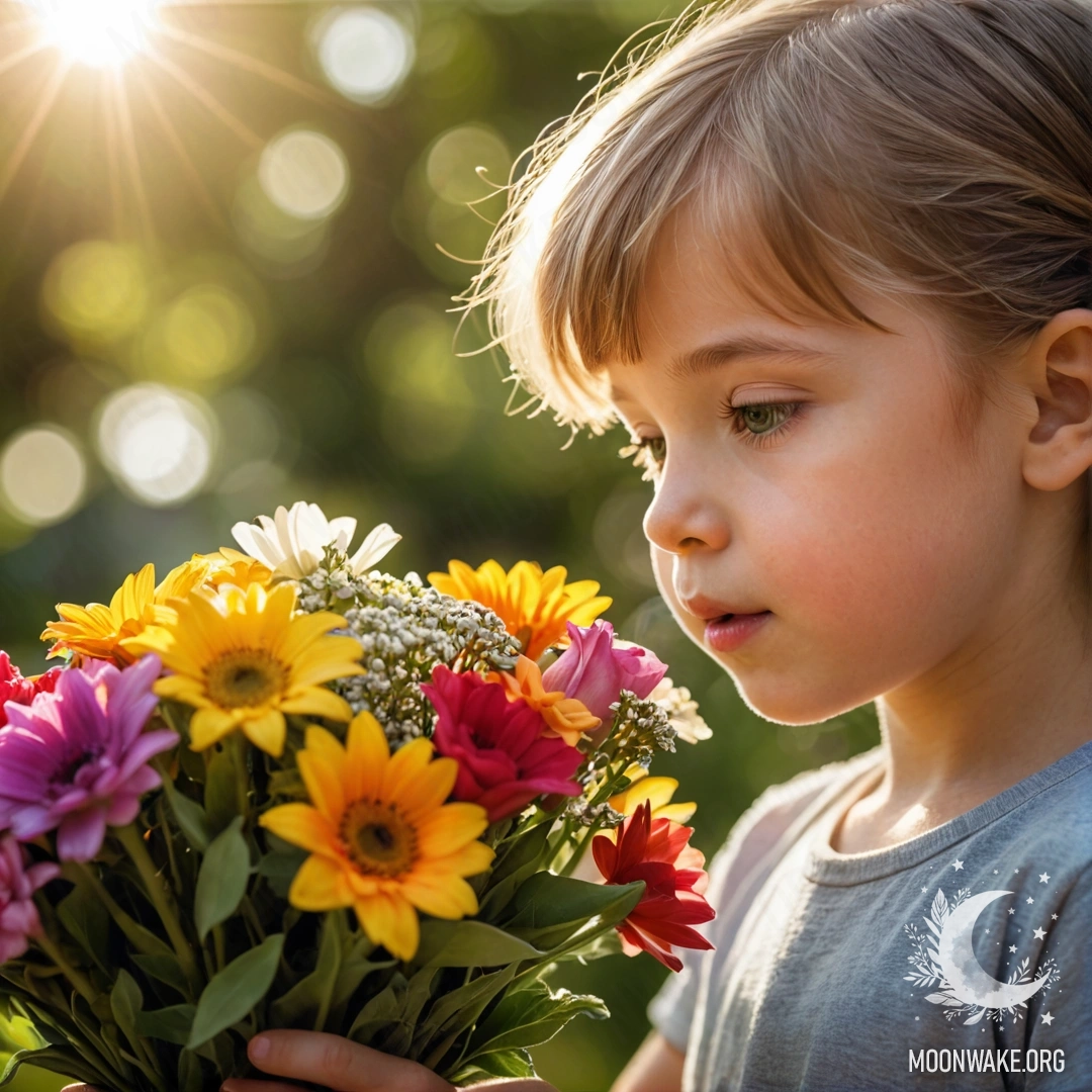 A child smelling a bouquet of colorful flowers with joy.