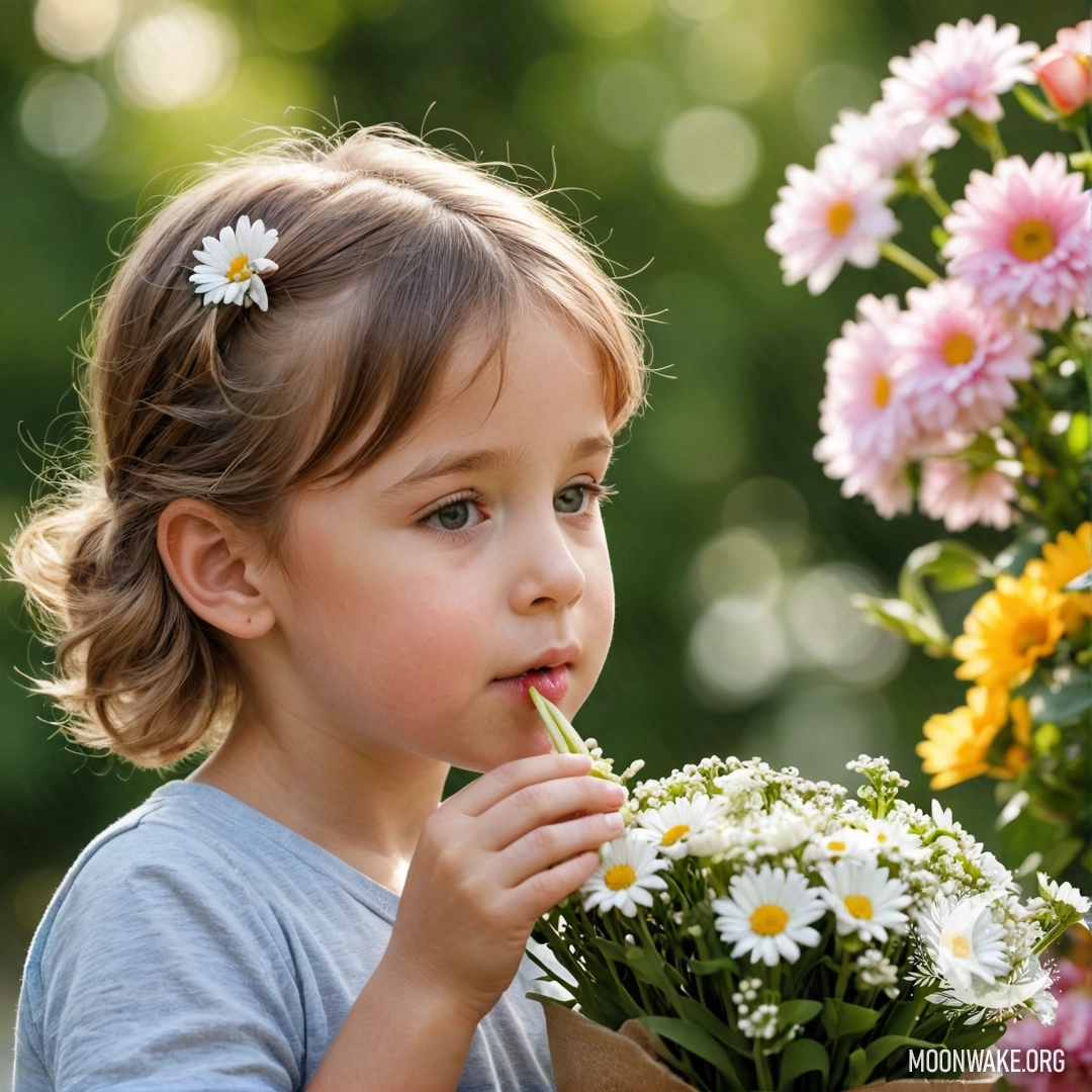 A child smells a bouquet of colorful flowers, capturing a moment of innocence and joy.
