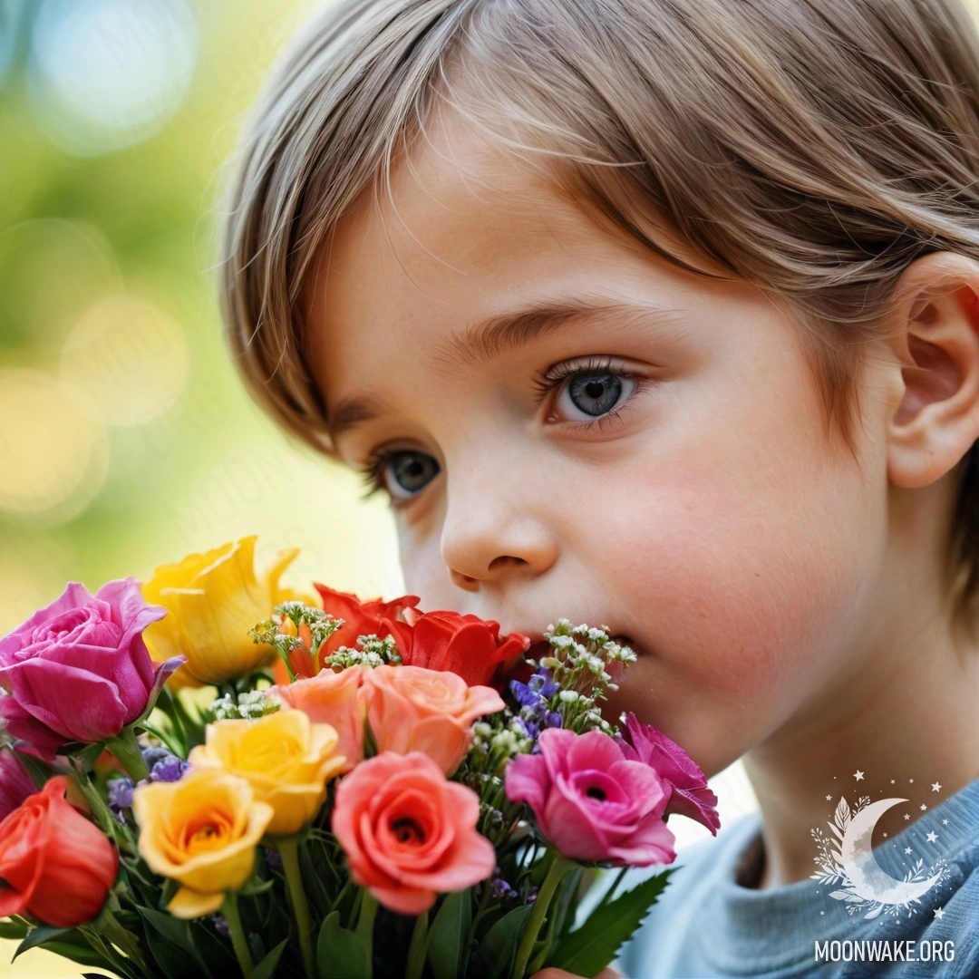 A child bending down to smell a vibrant bouquet of flowers.