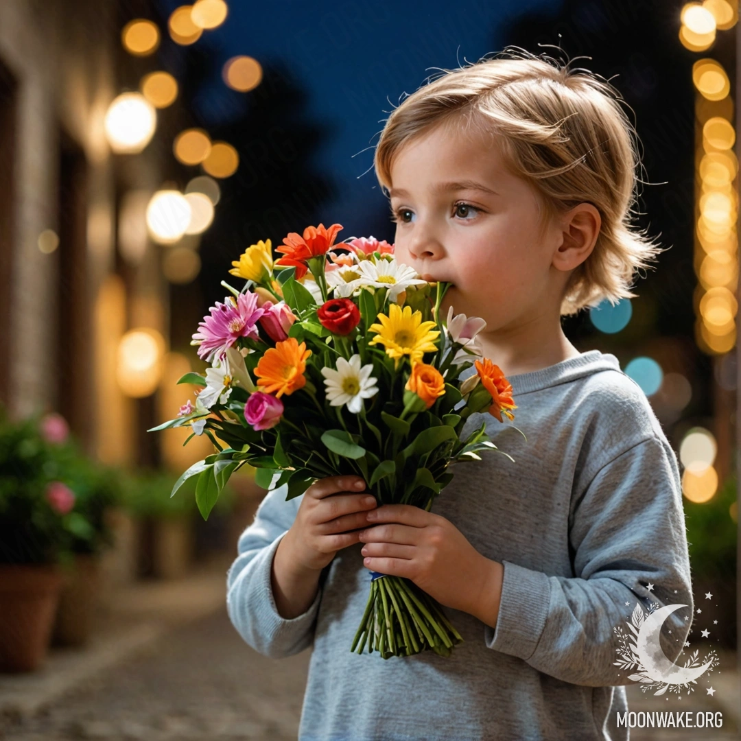 Child Sniffing Flowers at Night A child gently sniffing a bouquet of flowers under a starry sky.