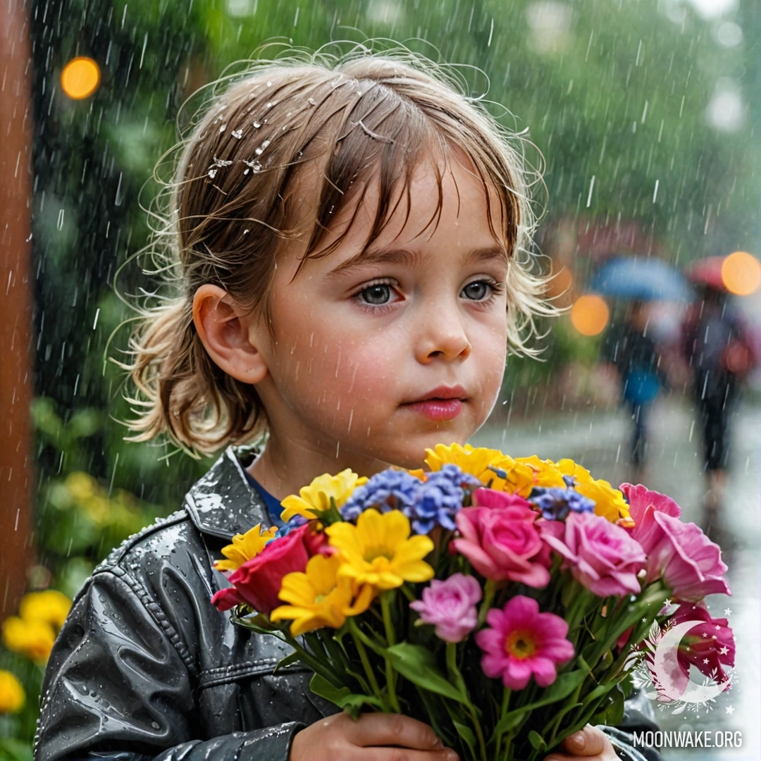 Child Sniffing Flowers in the Rain A child is bending down to sniff a colorful bouquet of flowers while it rains.