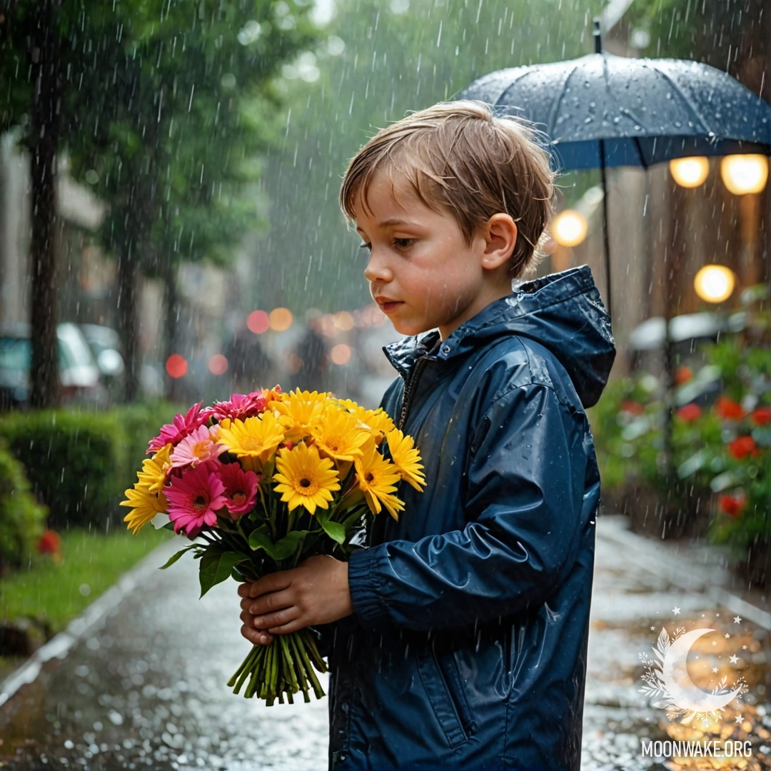 Child Sniffing Flowers in the Rain A child holding a bouquet of flowers beneath falling rain.