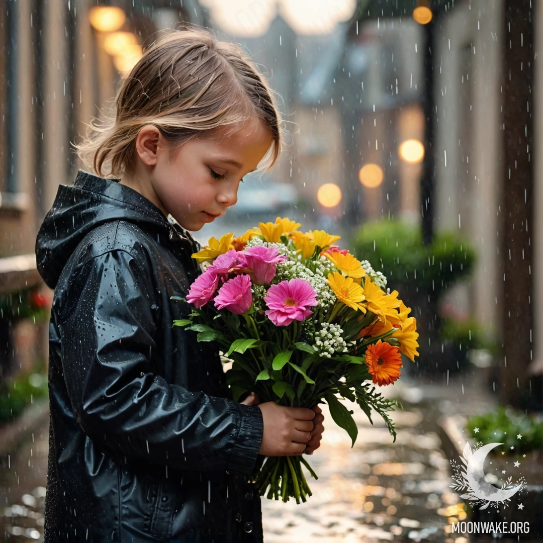 A child bends down to sniff a colorful bouquet of flowers while it's raining.